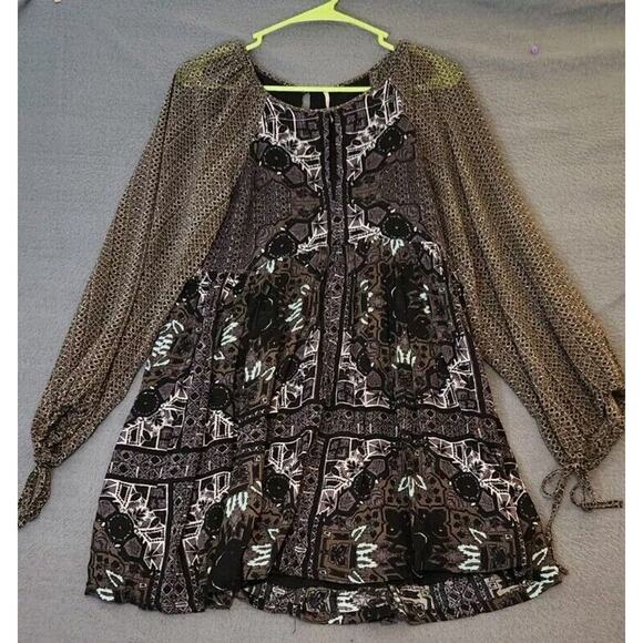 Free People Dress Oksana Print Mosaic Brown Neutral‎ XS 0 Flare Skirt Empire - Picture 1 of 11